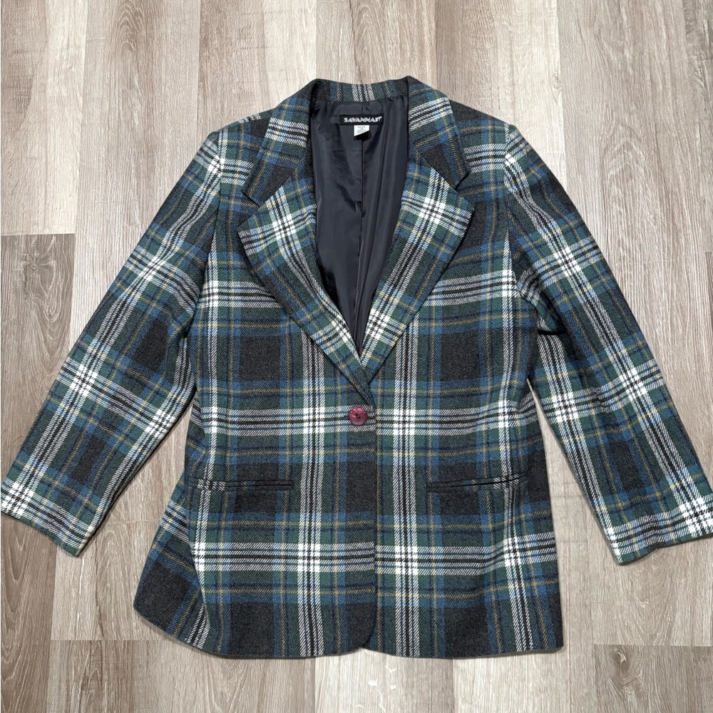 Savannah Women's Wool Blend Plaid Blazer - Blue, Green, and Gray